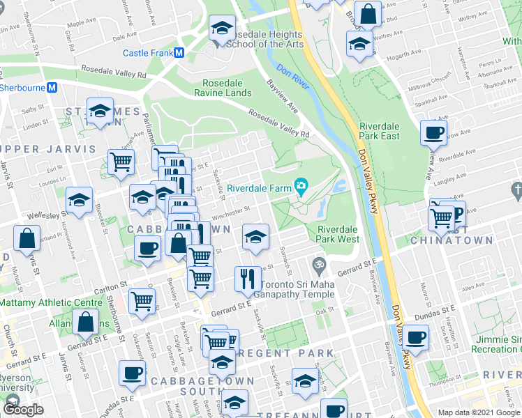 map of restaurants, bars, coffee shops, grocery stores, and more near 151 Winchester Street in Toronto