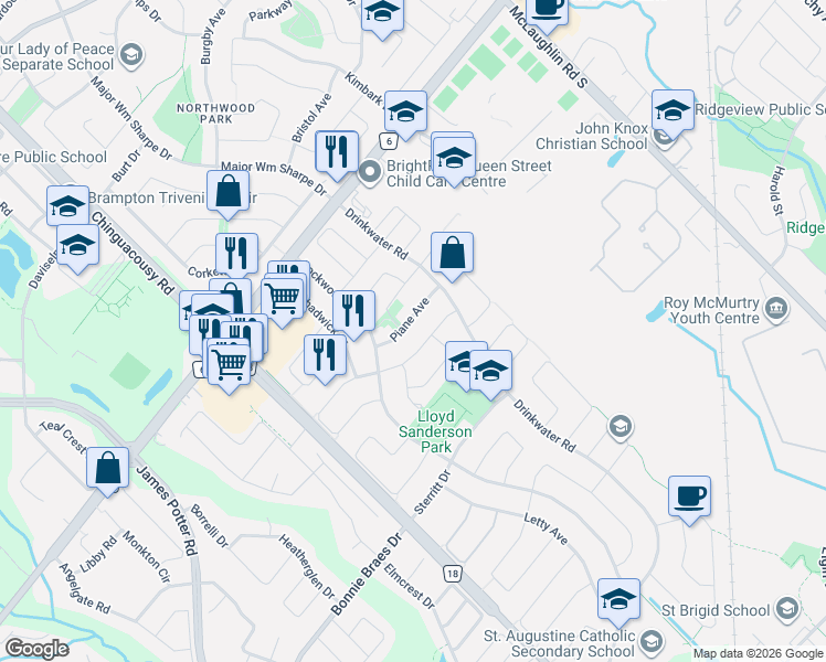 map of restaurants, bars, coffee shops, grocery stores, and more near 29 Piane Avenue in Brampton