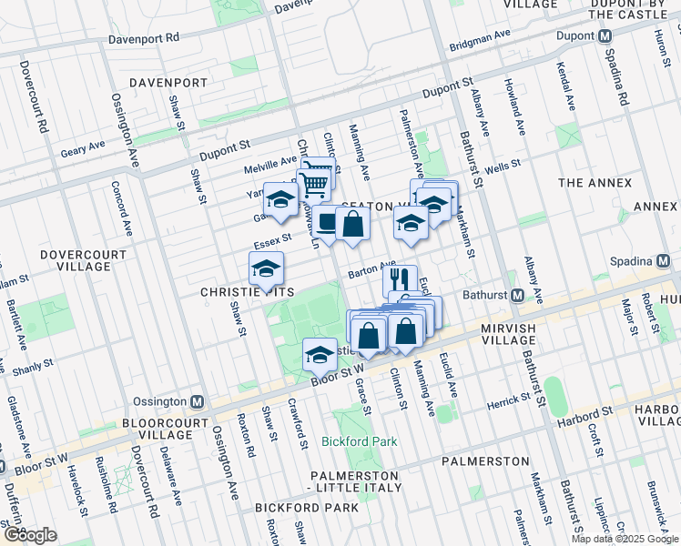 map of restaurants, bars, coffee shops, grocery stores, and more near 139 Barton Avenue in Toronto