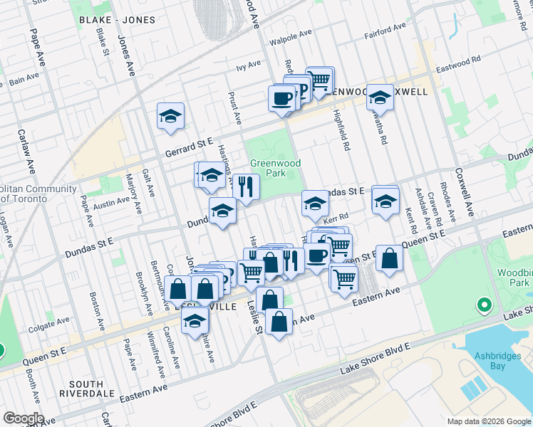 map of restaurants, bars, coffee shops, grocery stores, and more near 117 Alton Avenue in Toronto