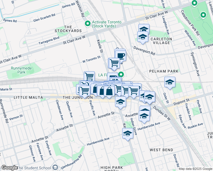 map of restaurants, bars, coffee shops, grocery stores, and more near 20 Vine Avenue in Toronto