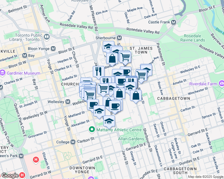 map of restaurants, bars, coffee shops, grocery stores, and more near 110 Wellesley Street East in Toronto