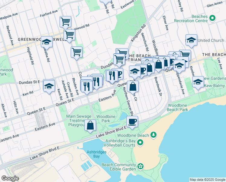 map of restaurants, bars, coffee shops, grocery stores, and more near 1671 Queen Street East in Toronto