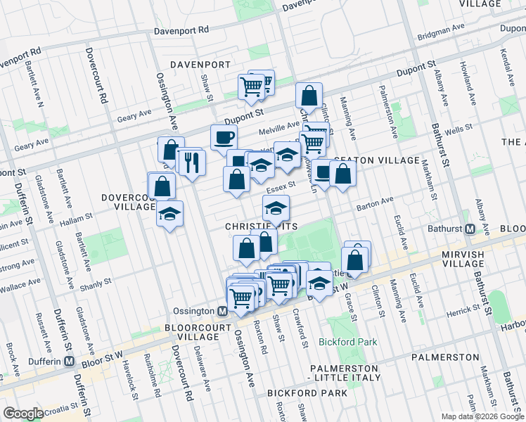 map of restaurants, bars, coffee shops, grocery stores, and more near 108 Pendrith Street in Toronto