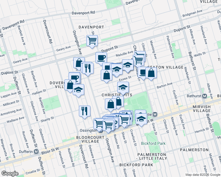 map of restaurants, bars, coffee shops, grocery stores, and more near 889 Shaw Street in Toronto