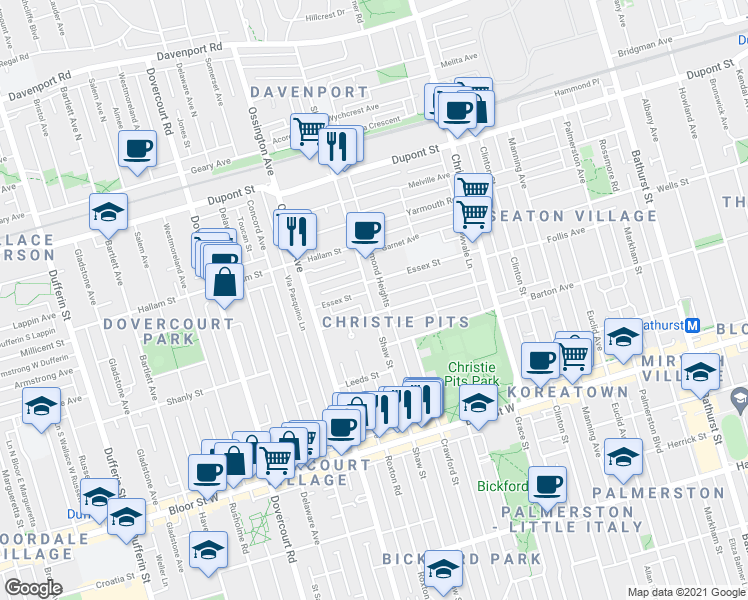 map of restaurants, bars, coffee shops, grocery stores, and more near 889 Shaw Street in Toronto