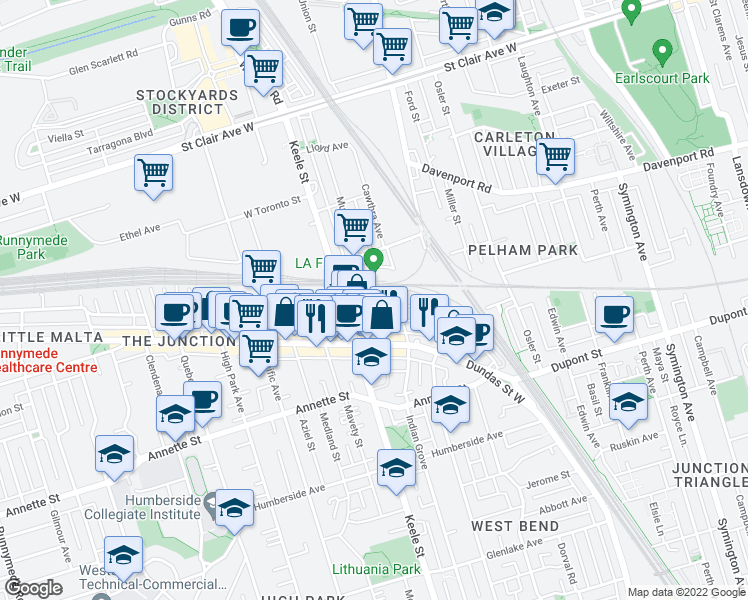 map of restaurants, bars, coffee shops, grocery stores, and more near 50 Heintzman Street in Toronto
