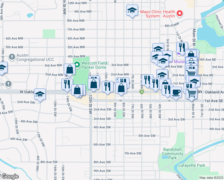 map of restaurants, bars, coffee shops, grocery stores, and more near 1002 Oakland Avenue West in Austin