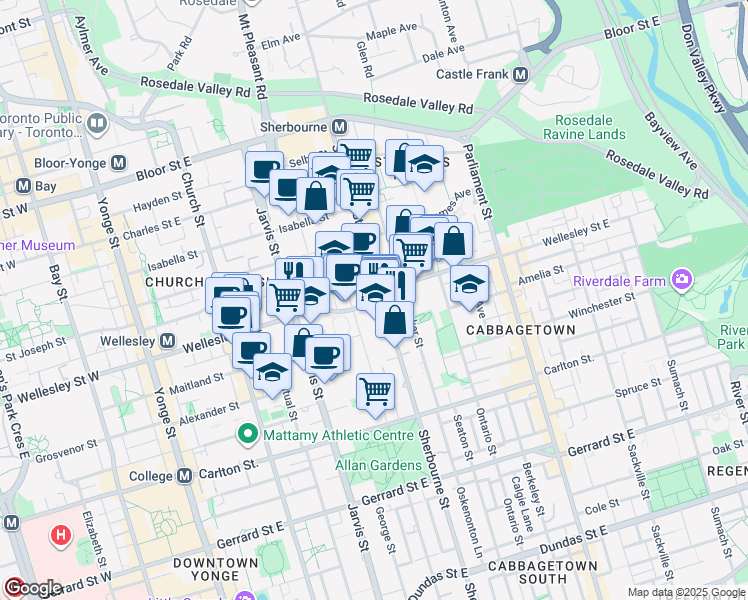 map of restaurants, bars, coffee shops, grocery stores, and more near 159 Wellesley Street East in Toronto