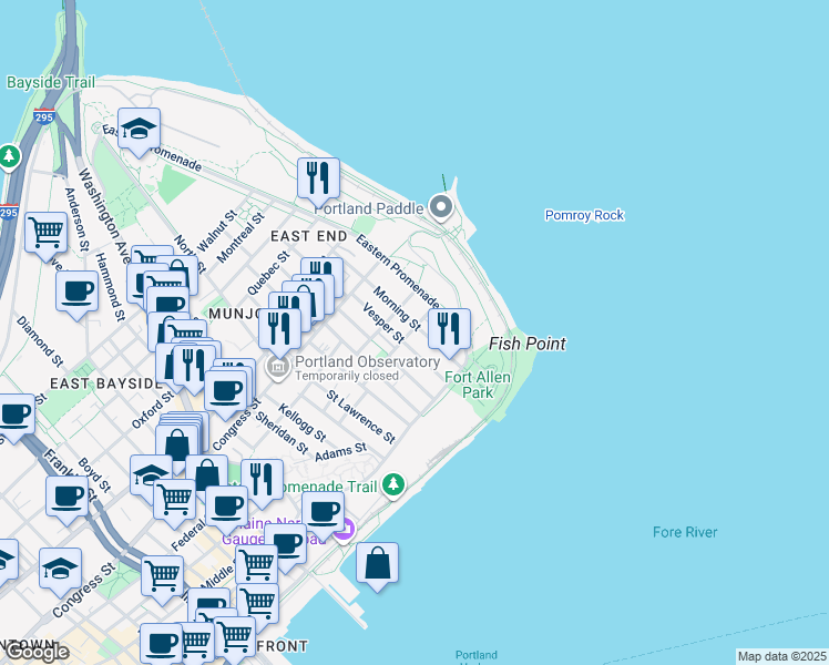 map of restaurants, bars, coffee shops, grocery stores, and more near 50 Vesper Street in Portland