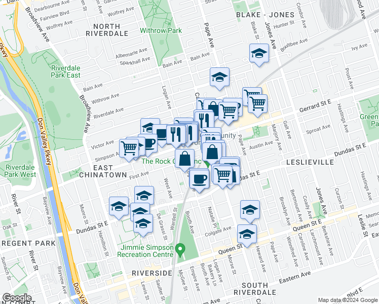 map of restaurants, bars, coffee shops, grocery stores, and more near in Toronto