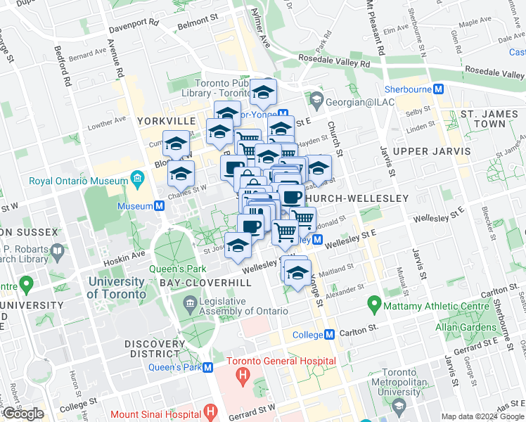 map of restaurants, bars, coffee shops, grocery stores, and more near in Toronto