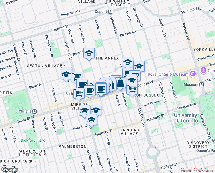 map of restaurants, bars, coffee shops, grocery stores, and more near 378 Bloor Street West in Toronto