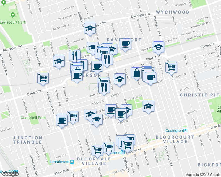 map of restaurants, bars, coffee shops, grocery stores, and more near in Toronto