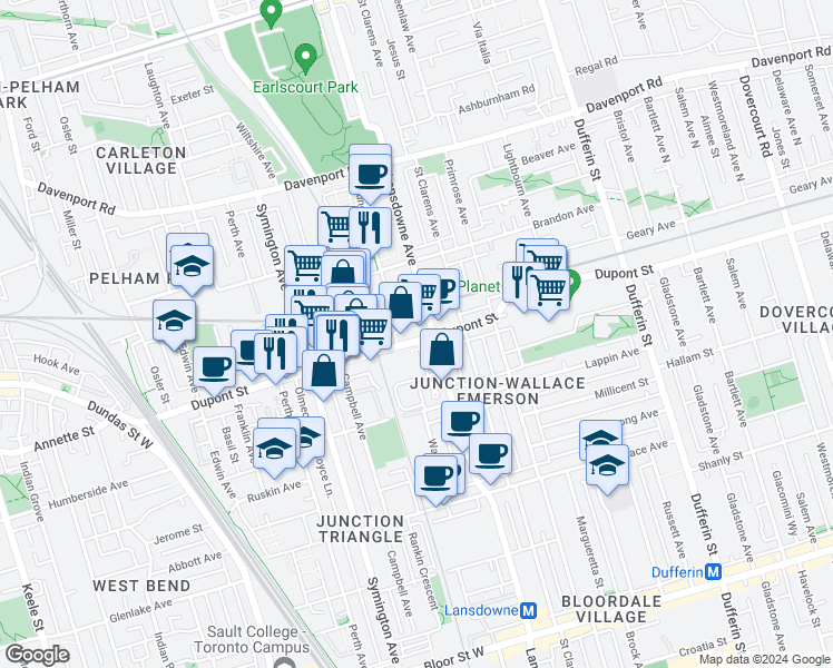 map of restaurants, bars, coffee shops, grocery stores, and more near 1407 Dupont Street in Toronto
