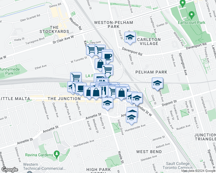 map of restaurants, bars, coffee shops, grocery stores, and more near in Toronto