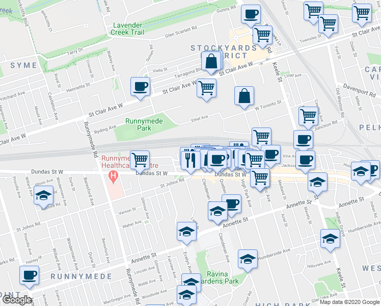map of restaurants, bars, coffee shops, grocery stores, and more near in Toronto