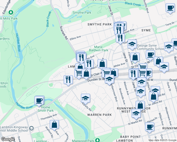 map of restaurants, bars, coffee shops, grocery stores, and more near in Toronto