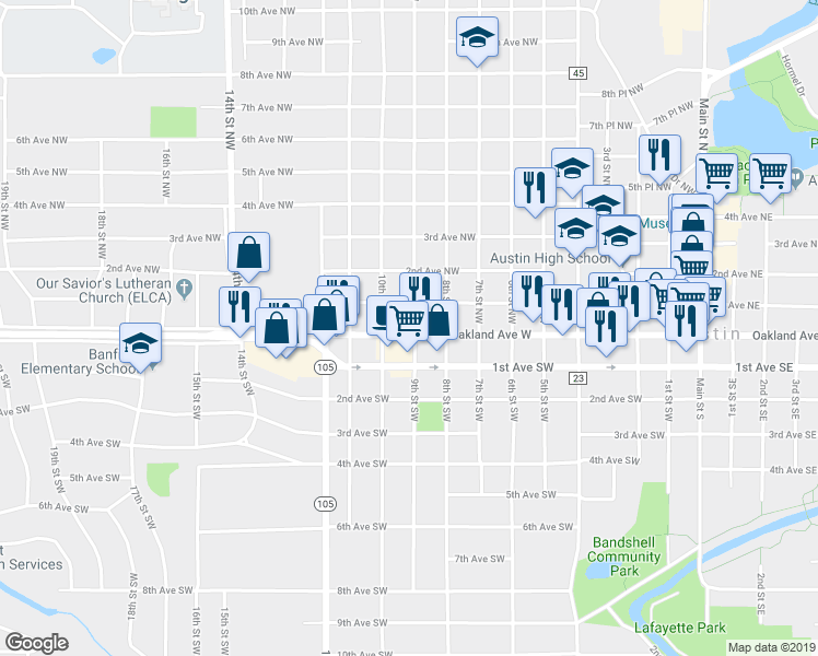 map of restaurants, bars, coffee shops, grocery stores, and more near 102 9th Street Southwest in Austin