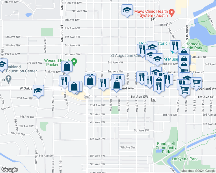 map of restaurants, bars, coffee shops, grocery stores, and more near 102 9th Street Southwest in Austin