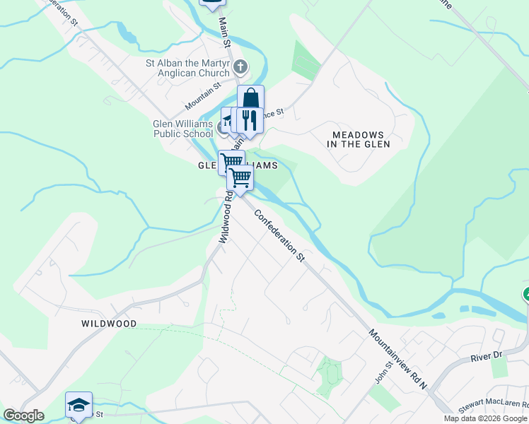 map of restaurants, bars, coffee shops, grocery stores, and more near 45 Confederation Street in Halton Hills