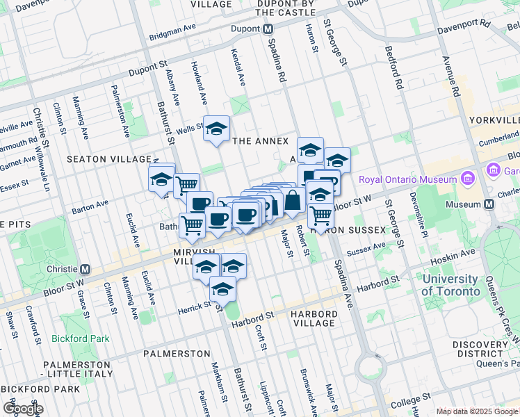 map of restaurants, bars, coffee shops, grocery stores, and more near 325 Brunswick Avenue in Toronto