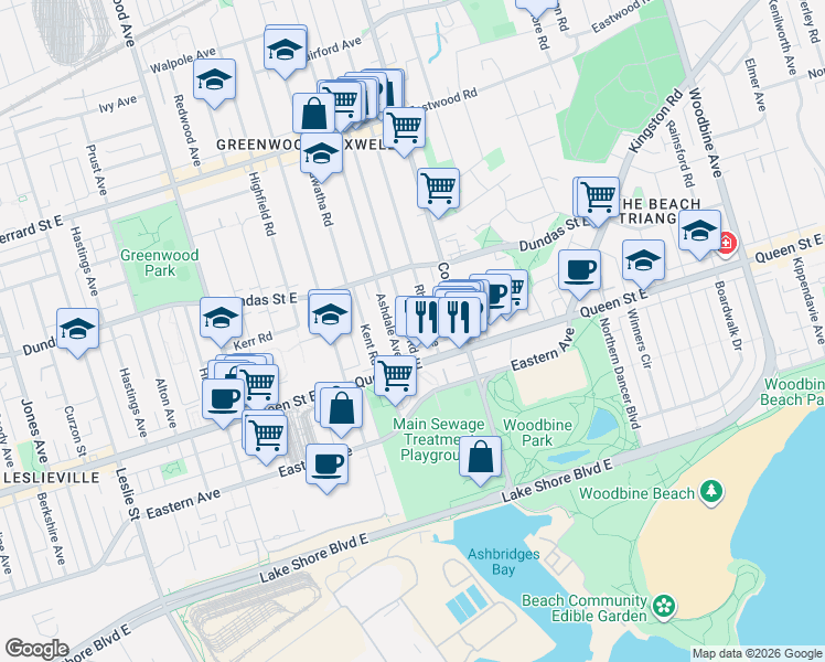 map of restaurants, bars, coffee shops, grocery stores, and more near 37 Craven Road in Toronto