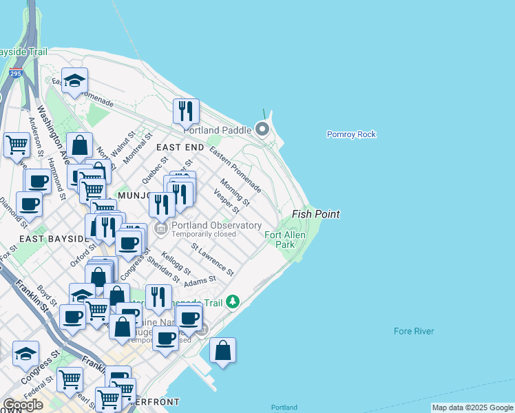 map of restaurants, bars, coffee shops, grocery stores, and more near 33 Morning Street in Portland