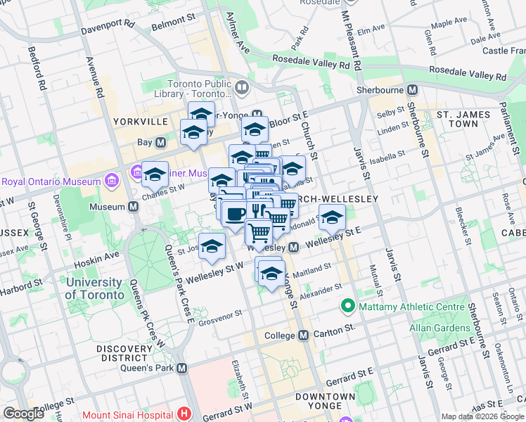 map of restaurants, bars, coffee shops, grocery stores, and more near 648A Yonge Street in Toronto