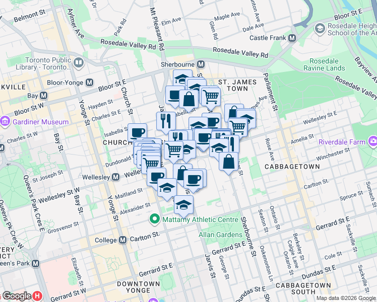map of restaurants, bars, coffee shops, grocery stores, and more near 110 Wellesley Street East in Toronto