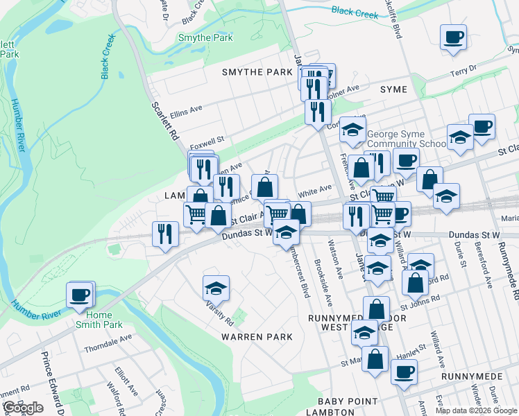 map of restaurants, bars, coffee shops, grocery stores, and more near in Toronto