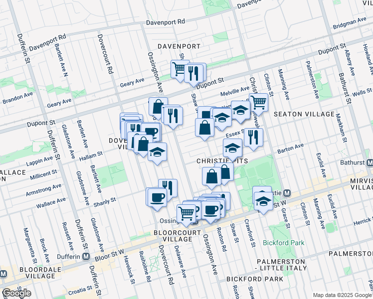 map of restaurants, bars, coffee shops, grocery stores, and more near 160 Essex Street in Toronto