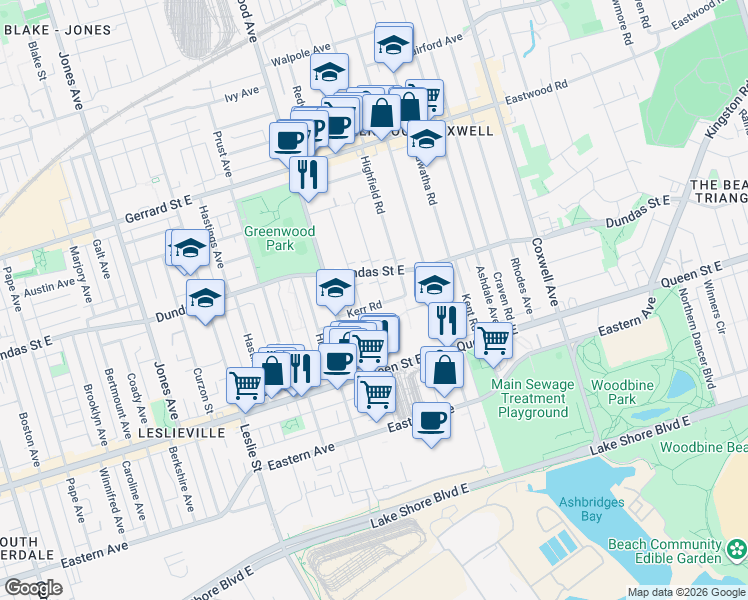 map of restaurants, bars, coffee shops, grocery stores, and more near in Toronto