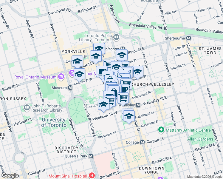 map of restaurants, bars, coffee shops, grocery stores, and more near 1055 Bay Street in Toronto
