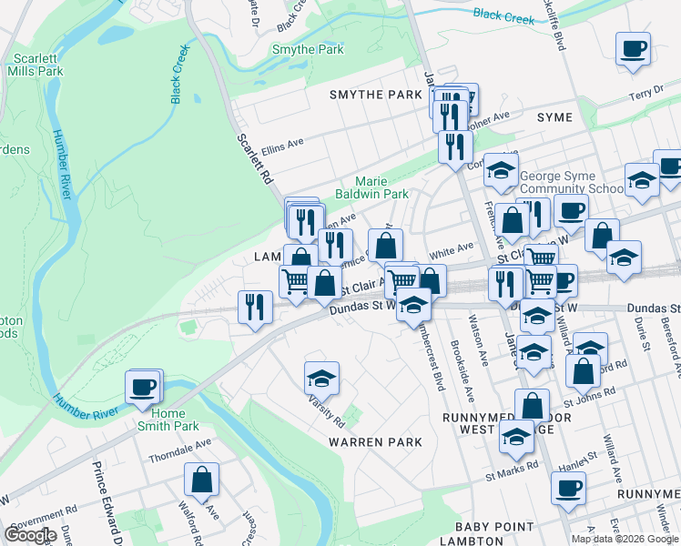 map of restaurants, bars, coffee shops, grocery stores, and more near 95 Bernice Crescent in Toronto
