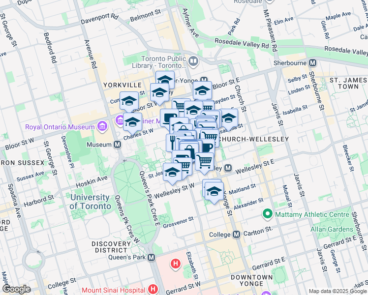 map of restaurants, bars, coffee shops, grocery stores, and more near 1055 Bay Street in Toronto