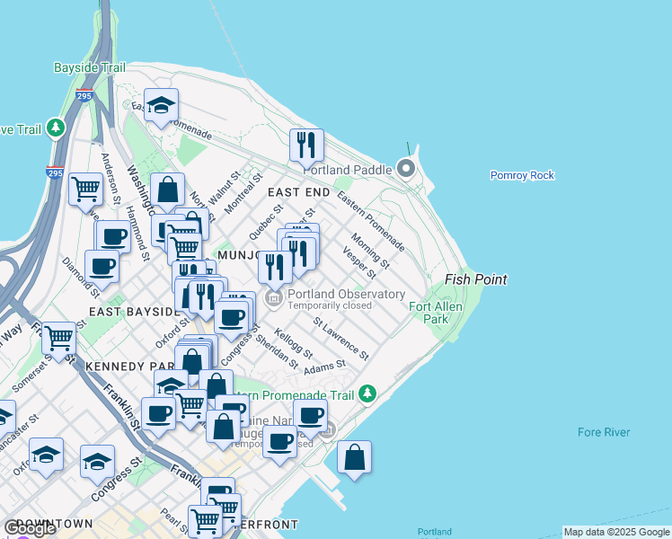 map of restaurants, bars, coffee shops, grocery stores, and more near 84 Beckett Street in Portland