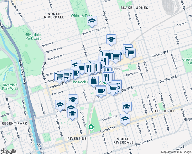 map of restaurants, bars, coffee shops, grocery stores, and more near 485 Logan Avenue in Toronto