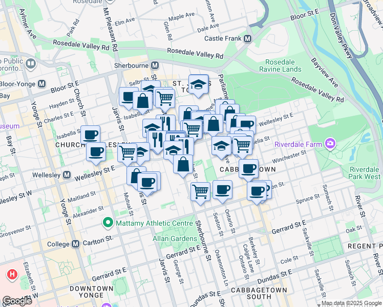 map of restaurants, bars, coffee shops, grocery stores, and more near 171 Bleecker Street in Toronto