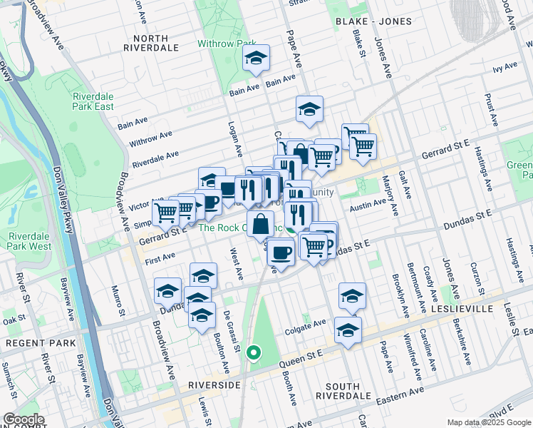 map of restaurants, bars, coffee shops, grocery stores, and more near in Toronto