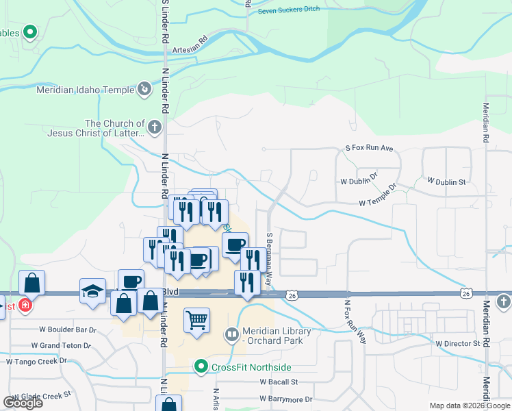 map of restaurants, bars, coffee shops, grocery stores, and more near 3172 South Fox Leash Avenue in Eagle
