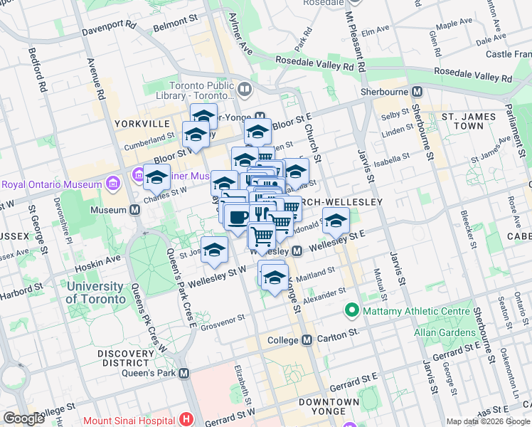 map of restaurants, bars, coffee shops, grocery stores, and more near 650 Yonge Street in Toronto