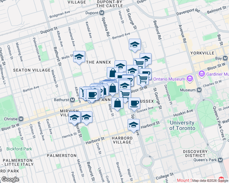 map of restaurants, bars, coffee shops, grocery stores, and more near 7 Walmer Road in Toronto