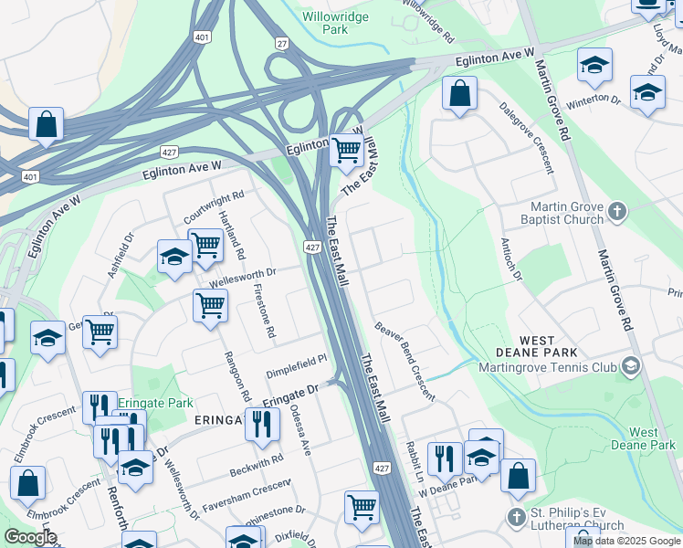 map of restaurants, bars, coffee shops, grocery stores, and more near 925 The East Mall in Toronto