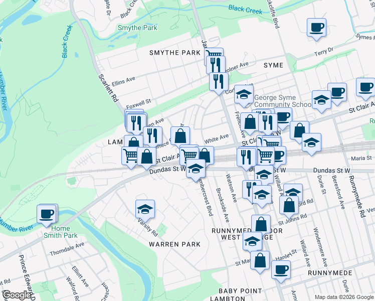 map of restaurants, bars, coffee shops, grocery stores, and more near 2650 Saint Clair Avenue West in Toronto