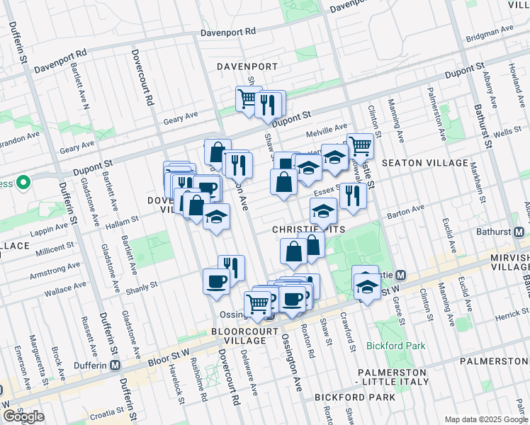 map of restaurants, bars, coffee shops, grocery stores, and more near 150 Essex Street in Toronto