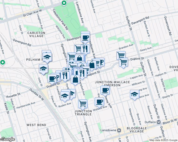 map of restaurants, bars, coffee shops, grocery stores, and more near 1420 Dupont Street in Toronto
