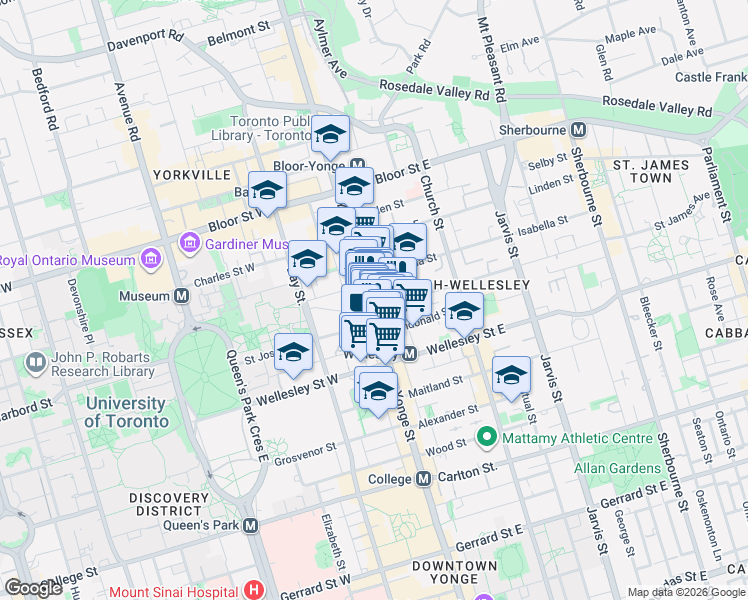 map of restaurants, bars, coffee shops, grocery stores, and more near 2 Gloucester Street in Toronto