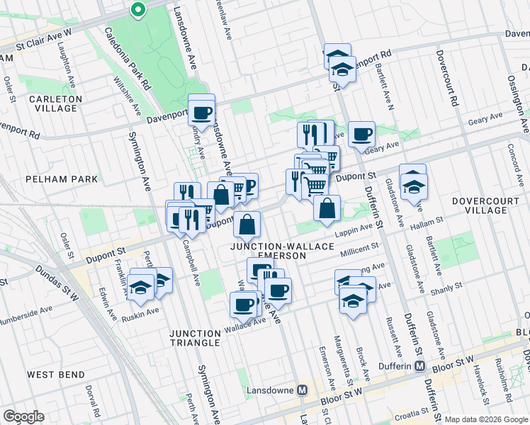 map of restaurants, bars, coffee shops, grocery stores, and more near 1341 Dupont Street in Toronto