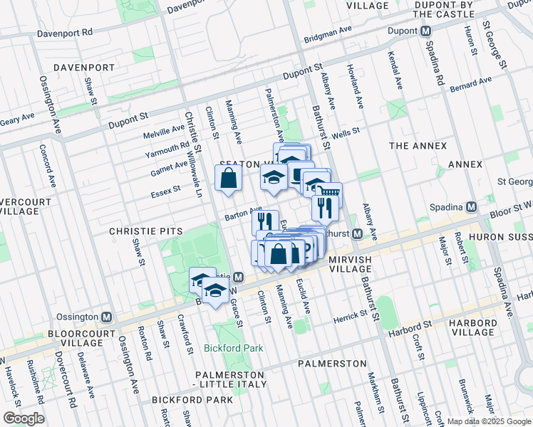 map of restaurants, bars, coffee shops, grocery stores, and more near 753 Manning Avenue in Toronto